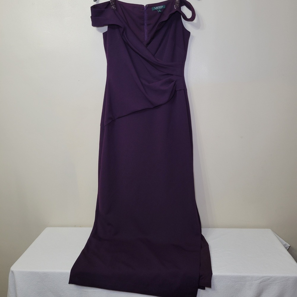 Lauren Ralph Lauren Purple Off-the-Shoulder Beaded Strap‎ Evening Gown Dress 6